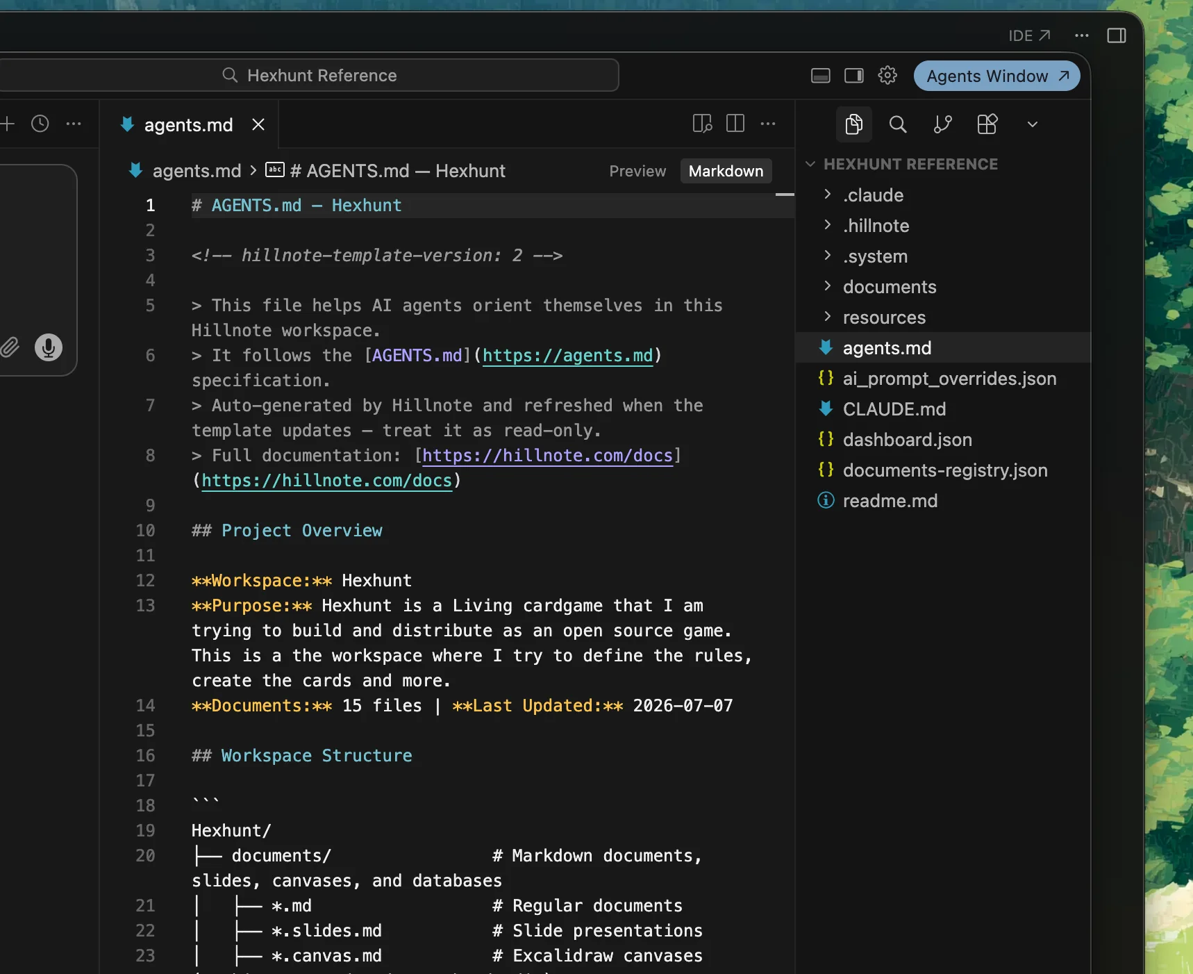 A Hillnote workspace opened in Cursor