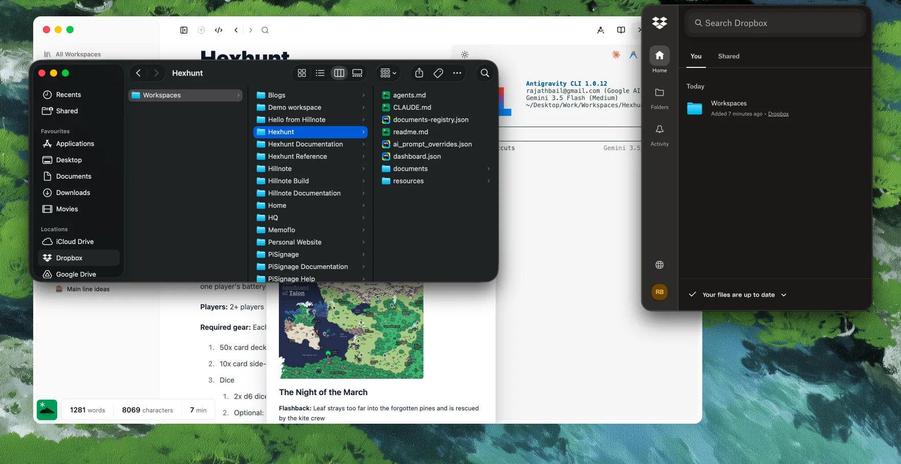A Hillnote workspace synced through Dropbox
