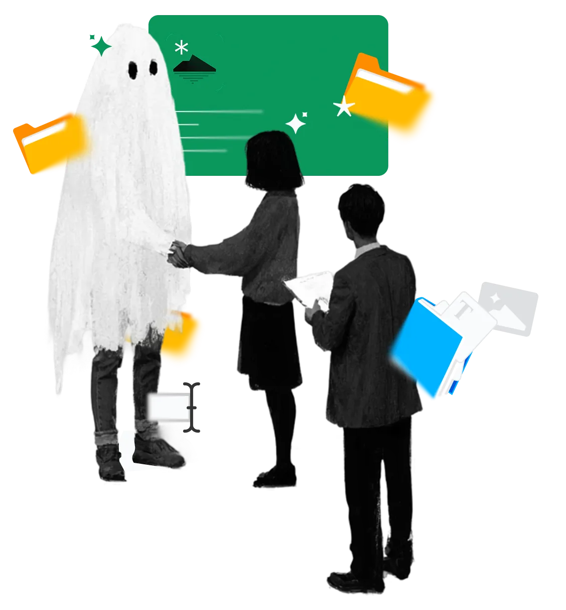 A man, woman and a sheet ghost on a boat rowing
