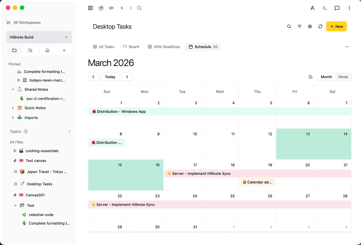 A calendar schedule view in Hillnote