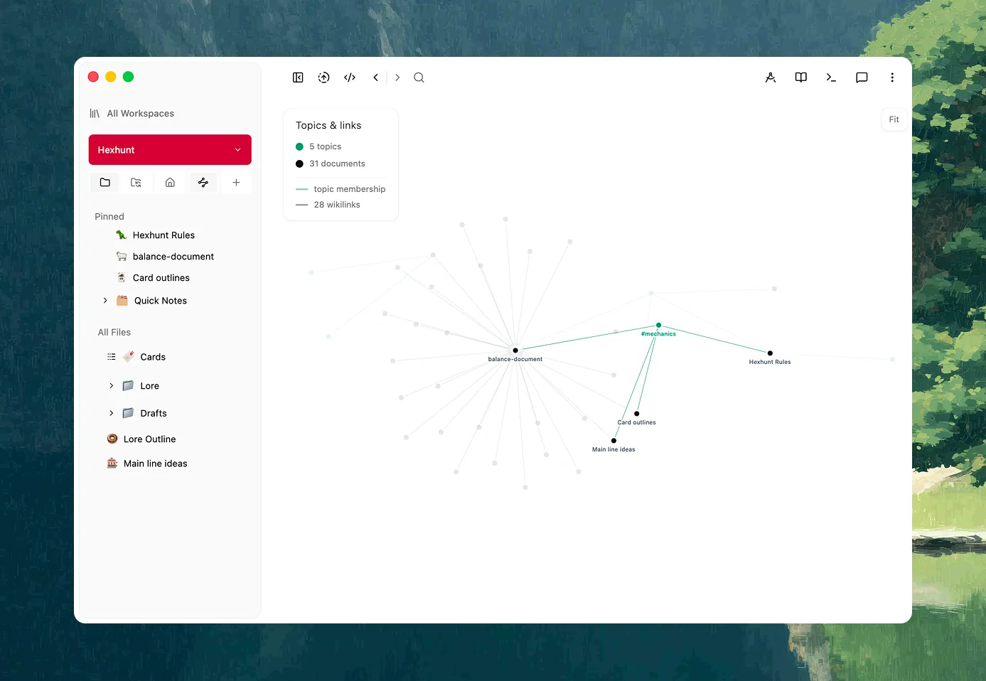 A graph of connected documents in Hillnote