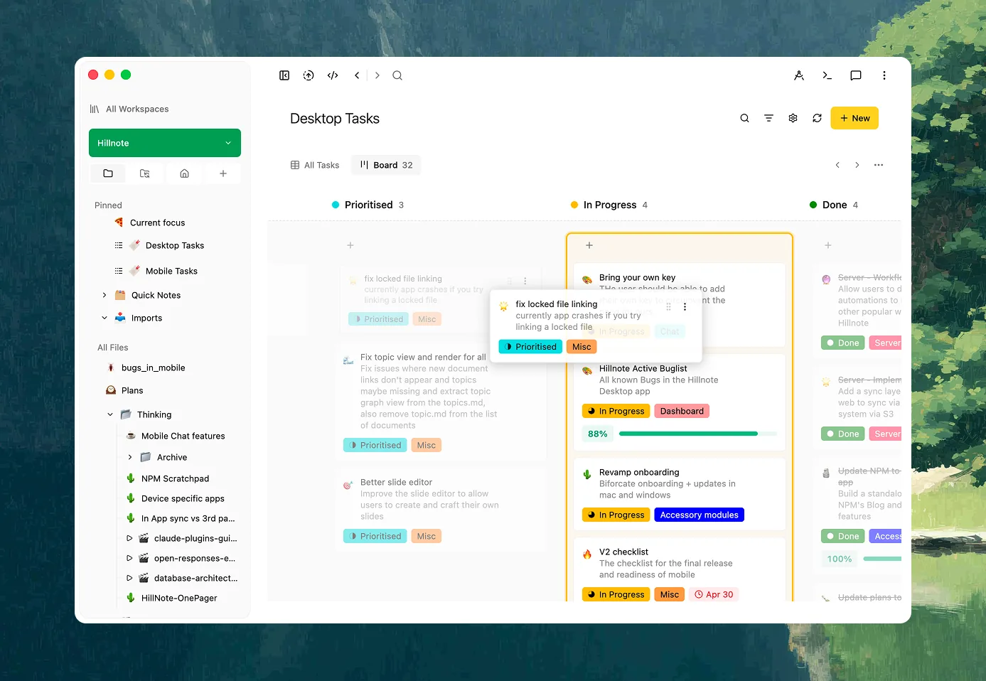 A kanban board of tasks in Hillnote