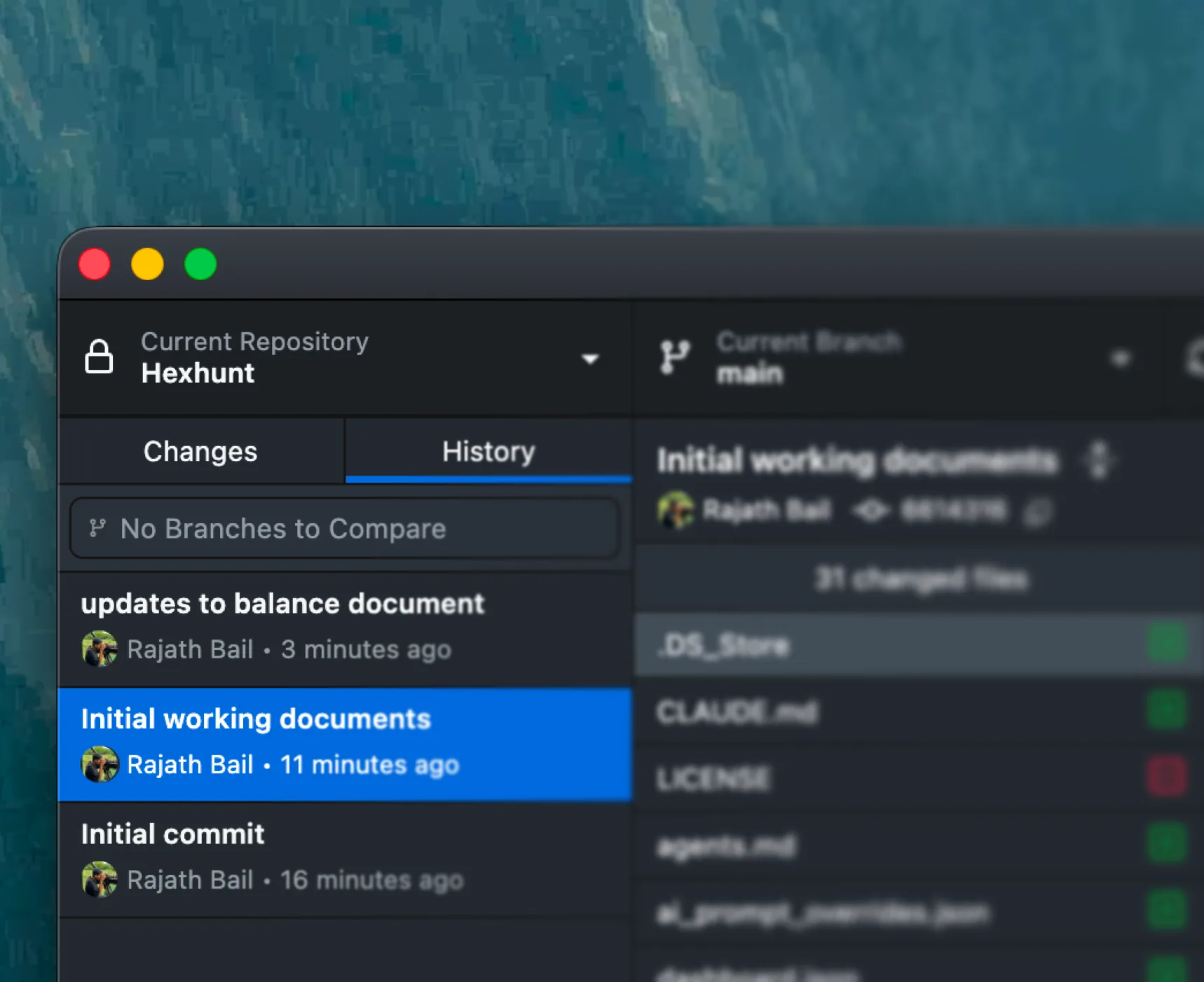 Commit history of a Hillnote workspace